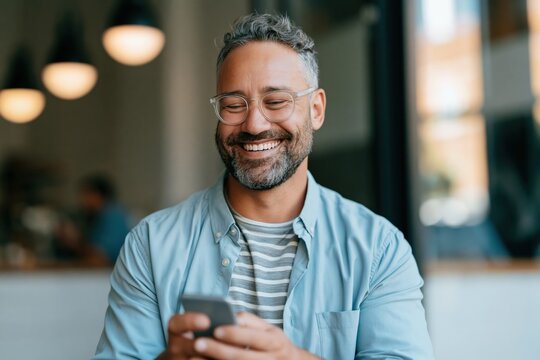 Laughing man holding phone in relaxed cafe portrait for social media content and website banner background