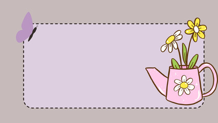 Delightful decorative frame featuring a playful purple butterfly alongside cheerful white daisies nestled in a lovely pink watering can, ideal for springtime greetings and messages © Senandung