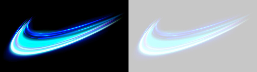 Obraz premium A vivid blue glowing light trail curves dynamically against a black background. The streaks display smooth gradients with hints of cyan and violet hues.