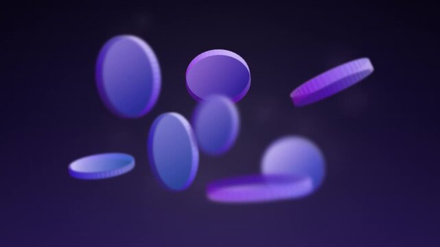 3D purple crypto coins falling and floating on dark background loop