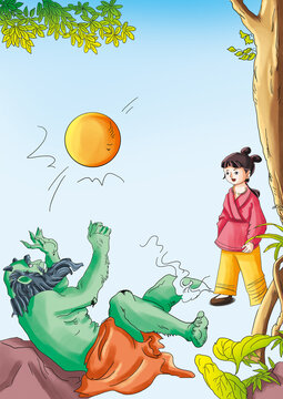 Ancient Chinese myths and Legends: the festival of eradicating demons. The clever and brave little girl seduced the devil to grab the biggest iron ball and throw it up. The devil's skull blossomed.