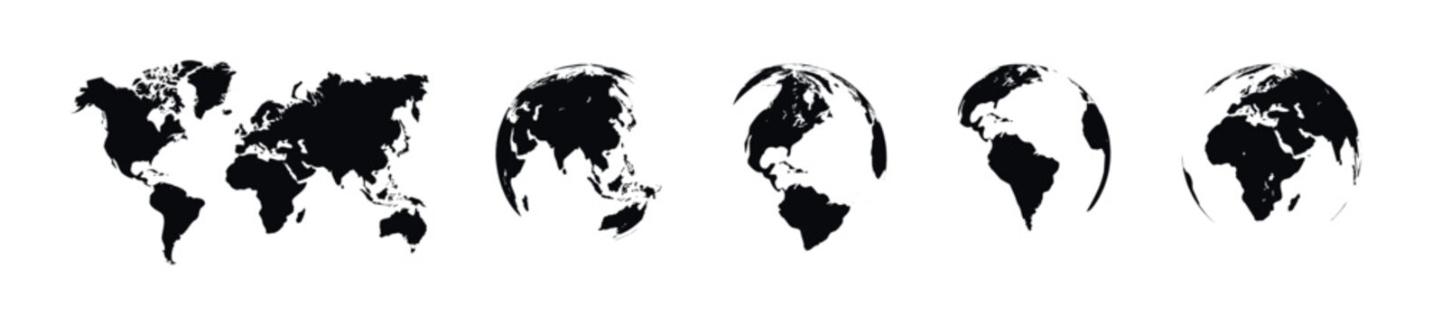 World map and globe illustrations in black and white silhouette