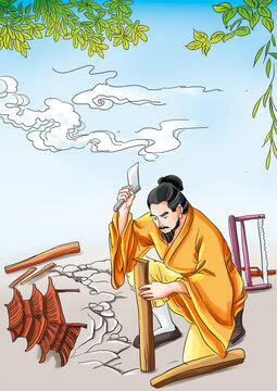 Ancient Chinese myths and Legends: Luban learning arts. Luban studied hard on the mountain and determined to be a very excellent carpenter. There are tools such as wood, axe and saw.