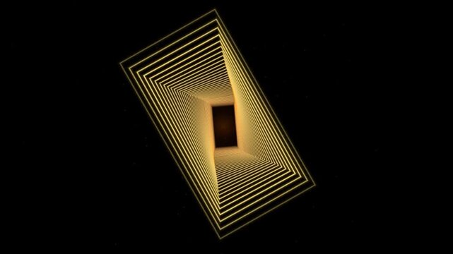 Glowing golden rectangular neon tunnel moving forward in dark space