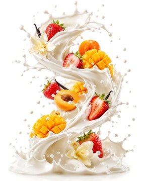 Fresh tropical fruits with milk splash, strawberry mango and apricot swirl on white.