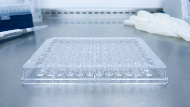 Clear multiwell microplate on a stainless steel laboratory bench