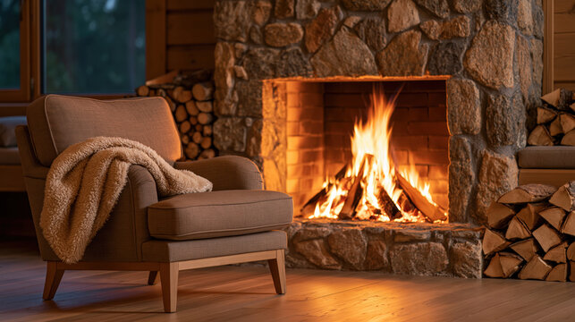 Cozy living room interior with modern chair and warm stone fireplace fire
