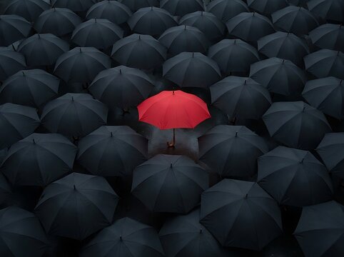 A single red umbrella standing out among a crowd of many identical black umbrellas
