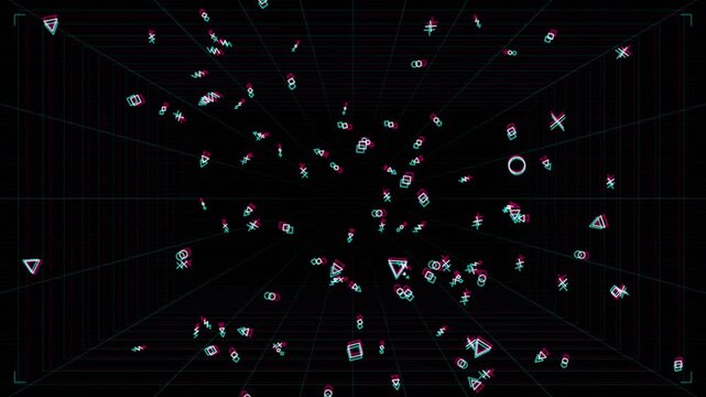 Futuristic retro geometric shapes zooming forward with glitch effect background
