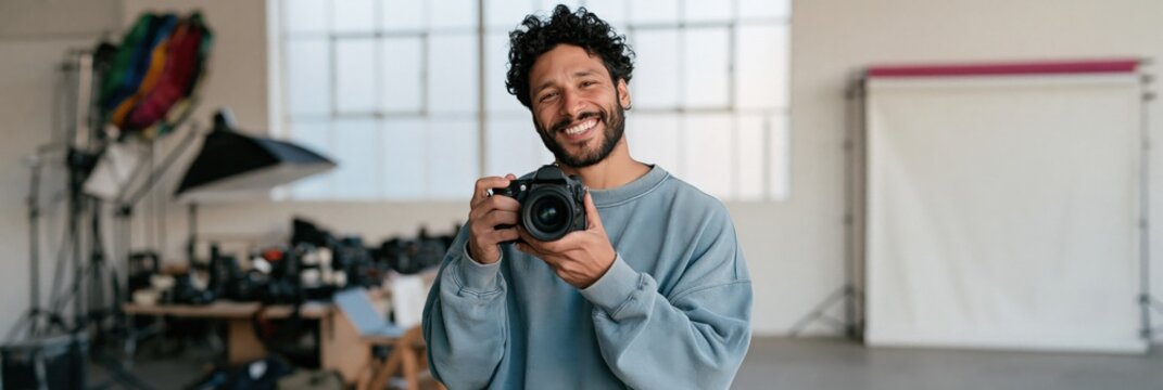 Smiling male photographer portrait in bright modern studio holding camera for website header, about page, banner and professional portrait background