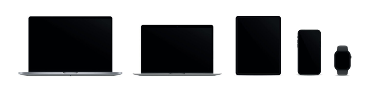 Collection of modern electronic devices including laptops, tablet, smartphone, and smartwatch