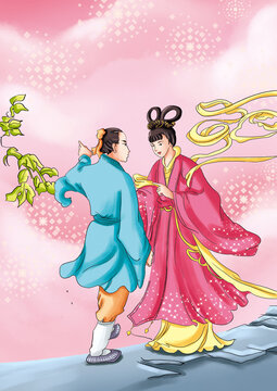 Ancient Chinese myths and Legends: Chrysanthemum fairy. Chrysanthemum fairy told young man a Niu how to plant and take care of white chrysanthemums.