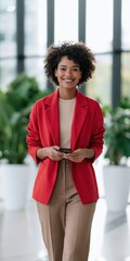 Obraz premium Smiling young woman in red blazer holding smartphone in bright office lobby for business profile portrait and corporate background