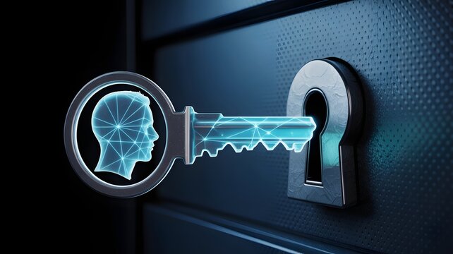 Futuristic key with glowing human head profile entering a dark metallic keyhole