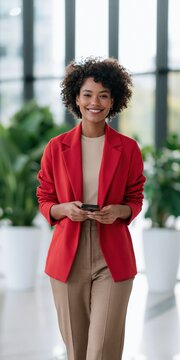 Smiling young woman in red blazer holding smartphone in bright office lobby for business profile portrait and corporate background