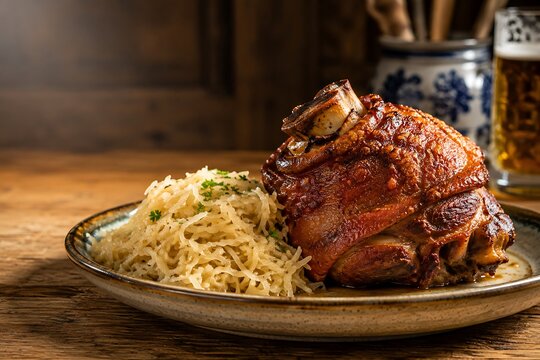 Roasted pork knuckle with sauerkraut on a plate with a glass of beer