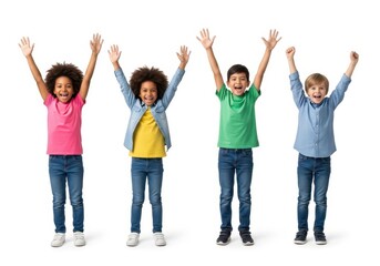Obraz premium Four happy children raising hands joyfully together
