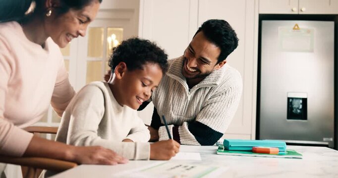 Parents, kid and high five in home school for learning, knowledge development or motivation. Boy, mom and dad with education support for homework success, writing paper or happy family in kitchen