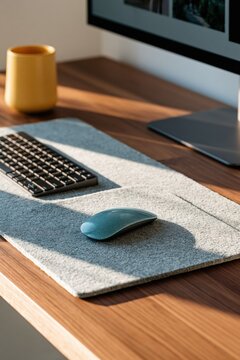 Minimalist desk workspace with wireless mouse on felt pad and compact keyboard for modern office background and workspace banner design