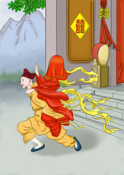 Ancient Chinese folklore and mythology: Flying mountains. Monk Ji Gong carries a bride on his back, luring everyone to safety as a flying mountain looms over them. Chinese characters on the door: Xi.