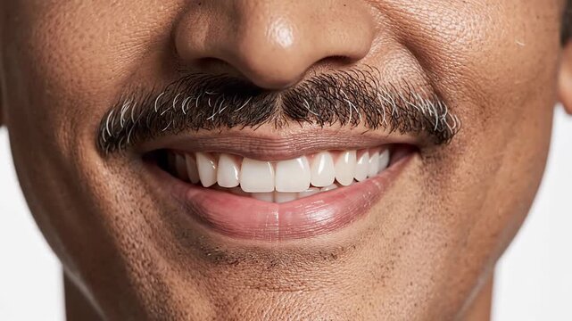 Close up of smiling person showing teeth with mustache on white background