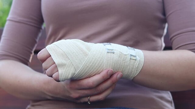Close-up of a female hand tightly bandaged with a medical elastic bandage to fix the joint after a sprain, dislocation or fracture of the bones of the limb. Concept of first aid, treatment of injuries