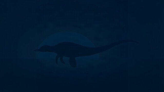 Silhouette of a plesiosaurus with wavy curves against an ocean gradient.
