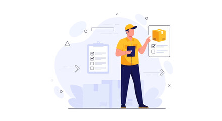 Obraz premium Delivery Person Checking Package Status with Checklist and Boxes, Modern Flat Illustration
