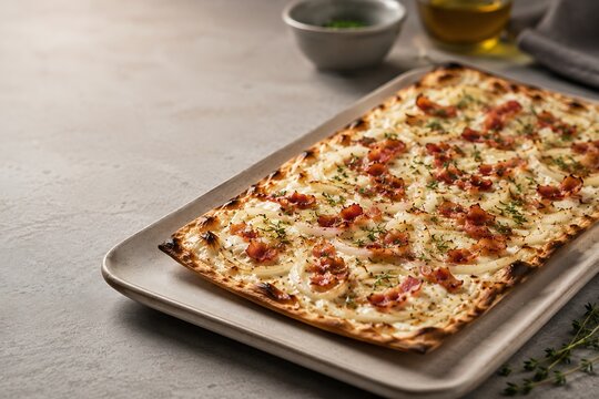 Rectangular flatbread pizza with bacon and cheese on a ceramic serving tray