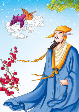 Ancient Chinese myths and Legends: Kong Yi who understands the language of birds. Doctor Kong hung a feather from a wild goose on his ear. He often heard birds chatting, falling in love and so on.