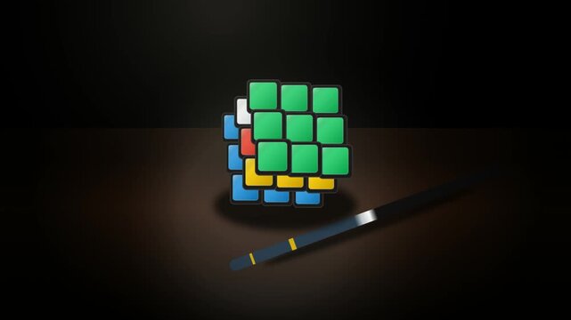 Strategic Color Cube Puzzle and Stylus on Dark Reflective Surface