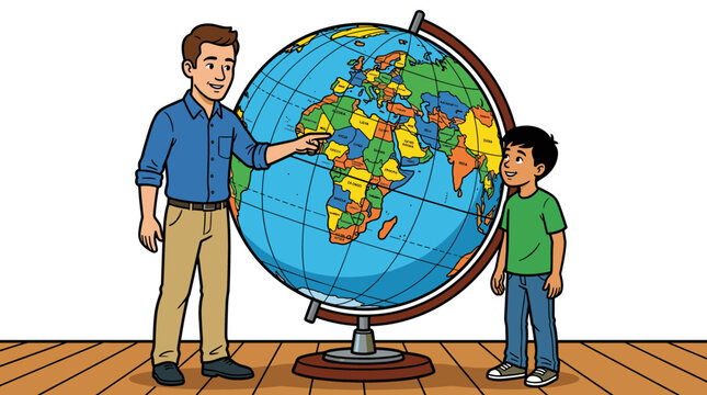 Male profesor vector pointing at globe teaching a young student