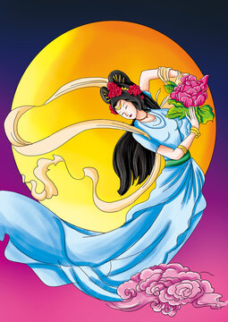 Ancient Chinese folklore and Myth: Chang'e running to the moon. The story of Chang'e, a beautiful woman who secretly took fairy medicine and flew to the moon, separated from her husband Yi.
