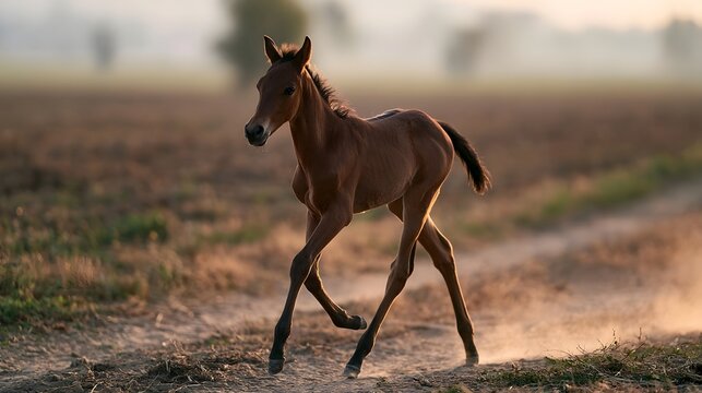 A young brown foal runs energetically across a dry field under warm golden sunlight  kicking up dust as it moves forward