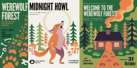 Fototapeta premium Werewolf forest poster features stylized trees a full moon and a howling creature