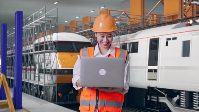 Asian Female Engineer With Safety Helmet Working On A Laptop While Standing at Train Locomotives Maintenance Depot Scaffolding