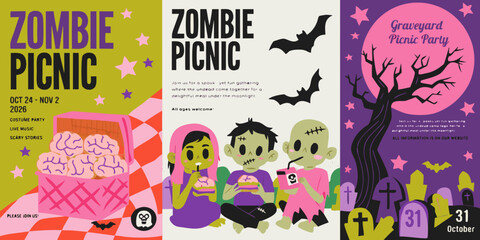 Fototapeta premium Zombie picnic poster features cartoon undead enjoying a graveyard gathering