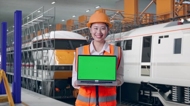 Asian Female Engineer With Safety Helmet Smiling And Showing Green Screen Laptop To The Camera at Train Locomotives Maintenance Depot Scaffolding