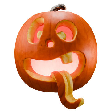 Goofy Face Carved Glowing Halloween Pumpkin with Tongue Out Transparent Background
