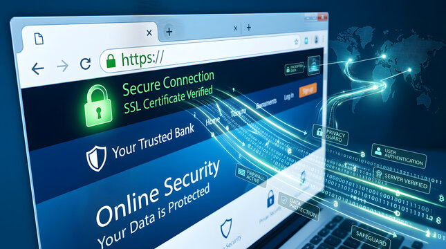 Online Security Protection: A laptop screen displays a website indicating a secure connection and verified SSL certificate, assuring online security and data protection.