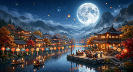 Obraz premium Moonlit Mountain Village and Lanterns for Mid Autumn Festival Night