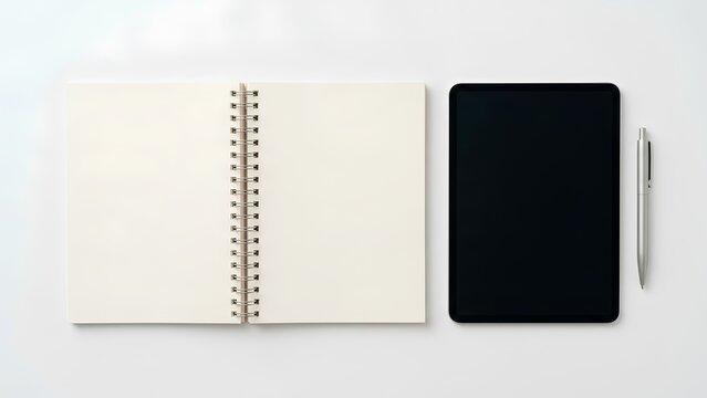 Flat lay of blank open spiral notebook, digital tablet, and silver pen on white