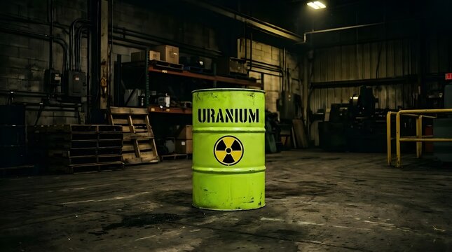 Neon green uranium barrel with radioactive symbol standing in a dark industrial factory.