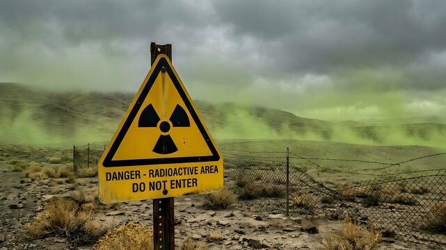 Yellow radioactive danger sign in a dark and cloudy industrial landscape setting.