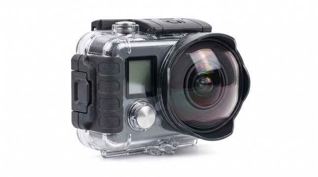 Compact action camera with protective case on white background