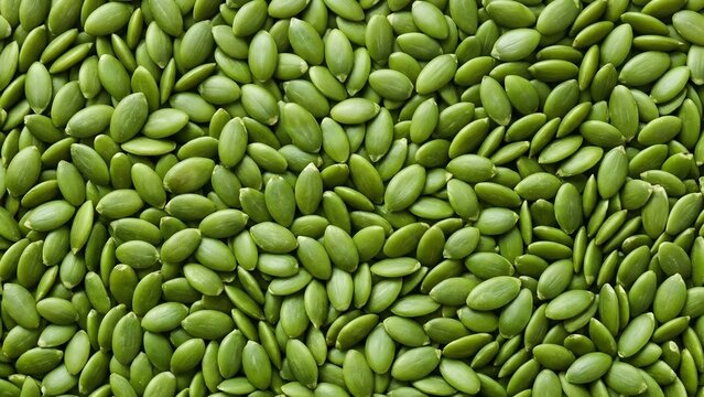 Many raw green pumpkin seeds texture pattern as a healthy organic snack food background.
