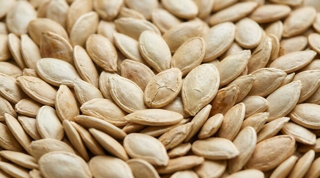 A large group of raw pumpkin seeds spread out as a natural healthy food background.