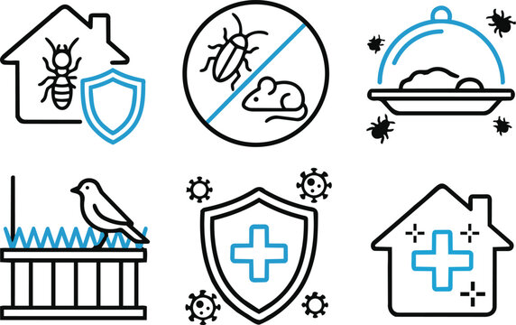 Pest control and home sanitation icon set line art illustration
