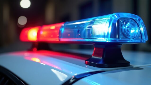 A close-up shot of a police light on top of a car