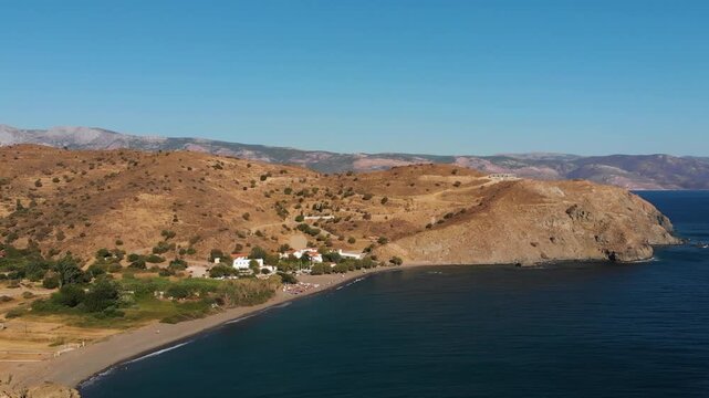 Drone aerial view of Agia Markella Monastery and beach in Chios, Greece